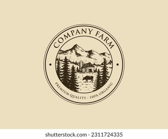 Vintage farm barn logo design with hand drawn retro and tree in background 