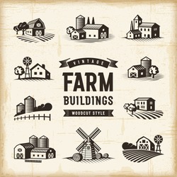 Vintage Farm Buildings Set. Editable EPS10 Vector Illustration In Retro Woodcut Style With Clipping Mask And Transparency.