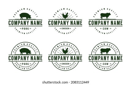 Vintage Farm Cattle Pork Chicken Livestock Beef Emblem Label logo design vector