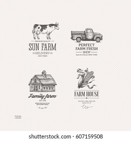 Vintage farm food logo collection. Engraved logo set. Vector illustration