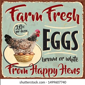 Vintage Farm Fresh Eggs metal sign.Retro poster 1950s style.