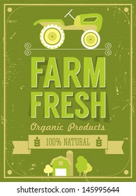 Vintage farm fresh food poster with tractor and text. Vector illustration