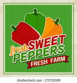 Vintage farm fresh organic peppers poster, vector illustration