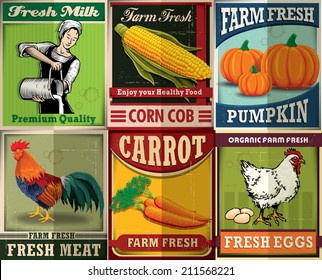 Vintage farm fresh poster set design with carrot, pumpkin, eggs, corn cob & chicken