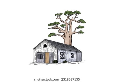 Vintage farm house and tree design vector