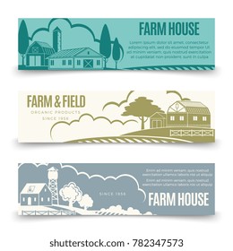 Vintage farm houses and organic products banners template. Vector illustration