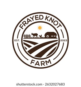 Vintage farm logo with barn, livestock, crop field, and sun for agricultural brand, local produce, or organic farming business