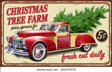 Vintage Farm Metal Sign With Christmas Tree By Red Truck. Farm Fresh Christmas Trees Retro Poster.