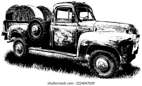 Vintage Farm pick up truck with bales of hay 