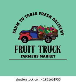 Vintage farm pickup truck logo. Engraved car. Vector illustration