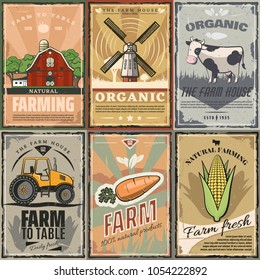 Vintage Farm Posters. Farm fresh organic products signs collection. Retro cards. Farming vector illustration