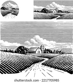 Vintage Farm Scene illustration.  Hand drawn illustration in a vintage woodcut or etched style.  The illustration is of a old country road winding between fields to a barn and silo surrounded by trees