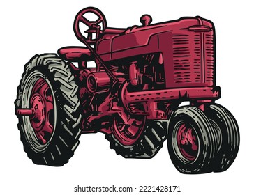 tractor de granja de cosecha de vintage - ilustración a mano