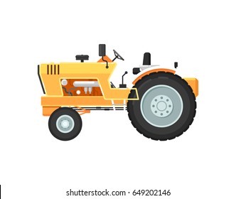 Vintage farm tractor isolated vector illustration. Rural industrial farm equipment machinery, comercial transport, agricultural vehicle in flat design