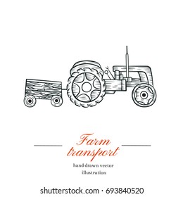 Vintage farm tractor logo. Engraved car. Vector illustration