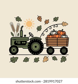 Vintage Farm Tractor Pulling Pumpkin Wagon Illustration