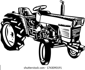 Vintage Farm Tractor Side View Woodcut Black And White