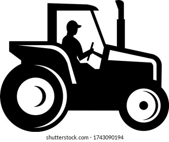 Vintage Farm Tractor Side View Silhouette Black And White