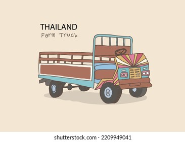 Vintage Farm Truck Freehand Drawn Style, Thailand  Farm Truck, Vector Illustration, Vector On Vintage Background.