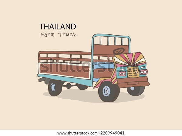 vintage farm\
truck freehand drawn style, Thailand  farm truck, vector\
illustration, vector on vintage\
background.