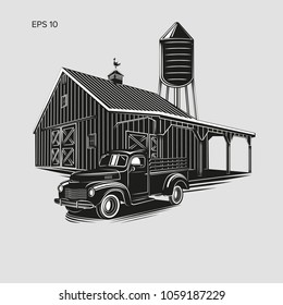 Vintage farm vector illustration. Countryside scenery