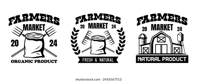 Vintage farmer logo templates collection. Farmers market ornament logo vector design elements set. Emblem of farm shop set