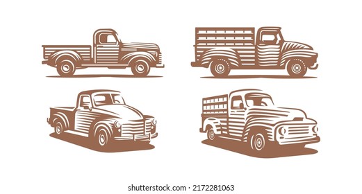 Vintage Farmer Pickup Truck Drawing In Etching Style. Vector Woodcut Illustration Of Classic Farm Car, Rustic Lorry In Side And Perspective View Isolated On White Background