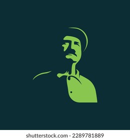 vintage farmer silhouette on green background for ecology farm with old man face on flat logo design style 