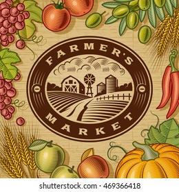 Vintage Farmers Market Label. Editable EPS10 Vector Illustration In Retro Woodcut Style With Clipping Mask And Transparency.