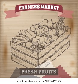 Vintage farmers market label with fruits in wooden crate. Placed on wooden texture. Includes hand drawn elements. 