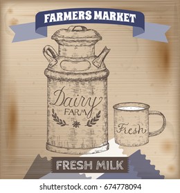 Vintage farmers market label with metal milk can and enamel mug. Placed on wooden texture. Includes hand drawn elements.