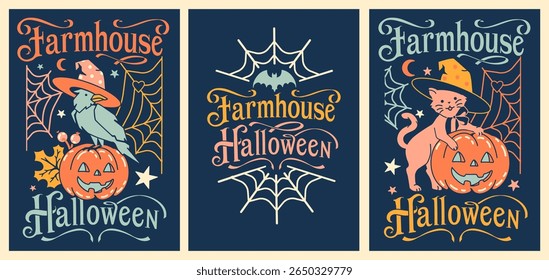 Vintage farmhouse Halloween poster with spooky oddities, jack-o’-lanterns, and festive typography. Perfect for T-shirts, wall art, or quirky autumn decor