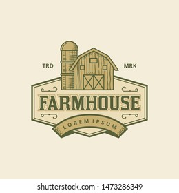 Vintage Farmhouse Logo. Barn Illustration. Farm Emblem Vector. Agriculture.