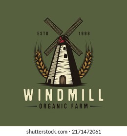 Vintage farmhouse wind mill with wheat wreaths emblem