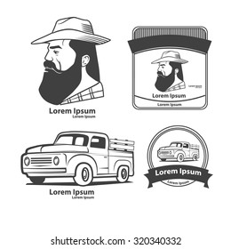 vintage farming logo, design elements and templates, retro car, man portrait, profile view, farmer market idea