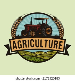 Vintage Farming Tractor in rolling green hills badge design