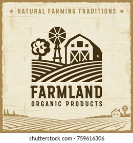 Vintage Farmland Label. Editable EPS10 vector illustration with clipping mask and transparency in retro woodcut style.