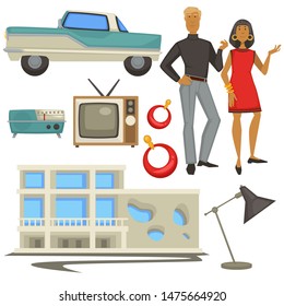 Vintage fashion and 1960s style, architecture and epoch symbols, man and woman vector. Retro car and radio, TV set and building, earrings and lamp. Girl in gold jewelry and guy in turtleneck and pants