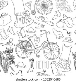 Vintage fashion accessories, flowers and bicycle. Vector seamless pattern, retro style.
