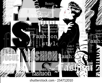 Vintage fashion background. Letters, words and stylish girl