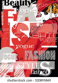 Vintage fashion background. Letters, words and stylish girl
