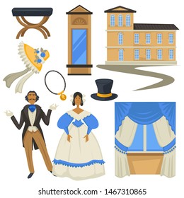 Vintage fashion Biedermeier style and architecture man and woman vector hat with flowers and cylinder curtains and necklace chair and mirror, traditional building girl in ball gown and guy in jacket