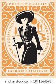 Vintage fashion catalogue cover with elegant lady from 1900s. Early century clothing boutique  poster graphic. Woman figure with fashionable hat retro ad.