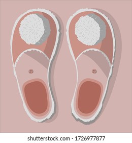 Vintage fashion cute pink domestic footwear. Cosy slippers pair.  Home wardrobe item. Vector illustration in sketch doodle style.  Comfortable shoes on pink background. Stylish model for home