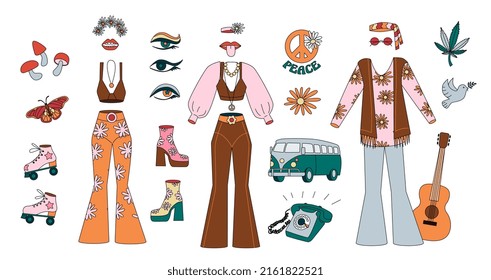 Vintage-Modeelemente. Hippie-Stil und Blütenkraft. Vektorgrafik von Retro-Schuhen, Rollen- und Glockenböden.	