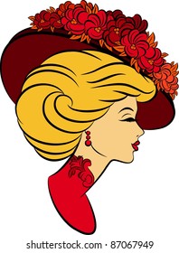 Vintage fashion girl in hat with flowers. Vector