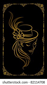 Vintage fashion girl in hat on tapestry background. Vector