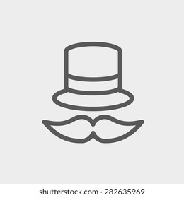 Vintage fashion hat and mustache icon thin line for web and mobile, modern minimalistic flat design. Vector dark grey icon on light grey background.