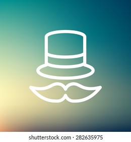 Vintage fashion hat and mustache icon thin line for web and mobile, modern minimalistic flat design. Vector white icon on gradient mesh background.
