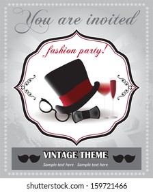 Vintage fashion party, invitation card with gentleman tie bow, top hat and glasses